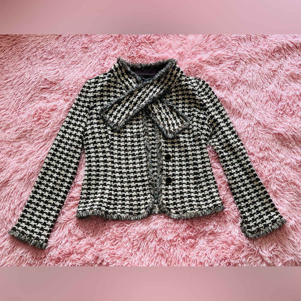 St. John Collection Jacket Tie Neck Houndstooth Brown Ivory Multi